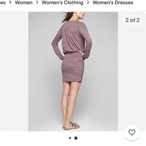 ATHLETA WOMEN'S DUSTY PLUM STRIPED LONG SLEEVE RUCHED SOFT AVENUES DRESS Sz XS - Picture 2 of 7